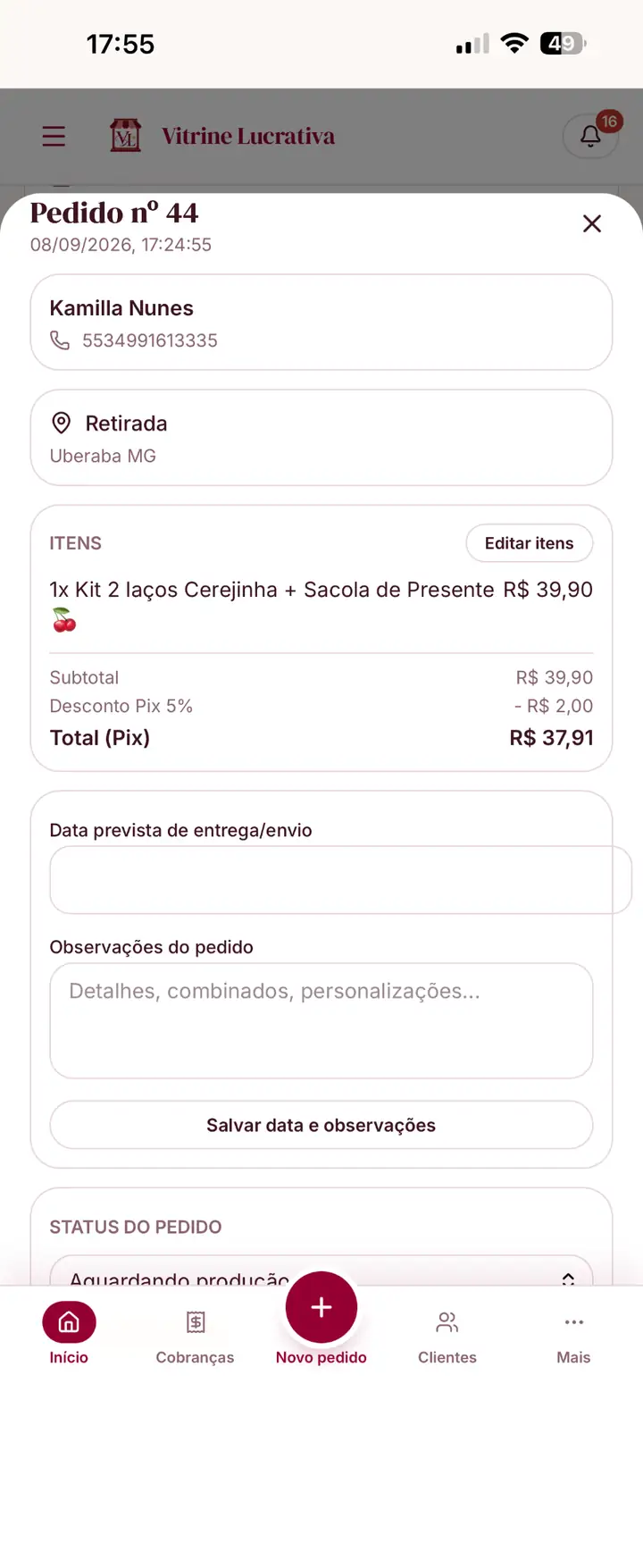 Desconto Pix, frete e total já calculados