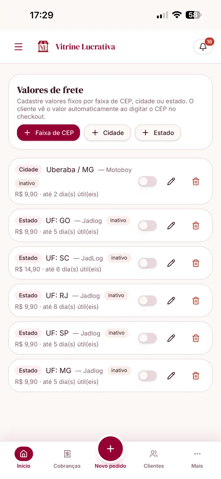 Frete fixo por CEP, cidade ou estado