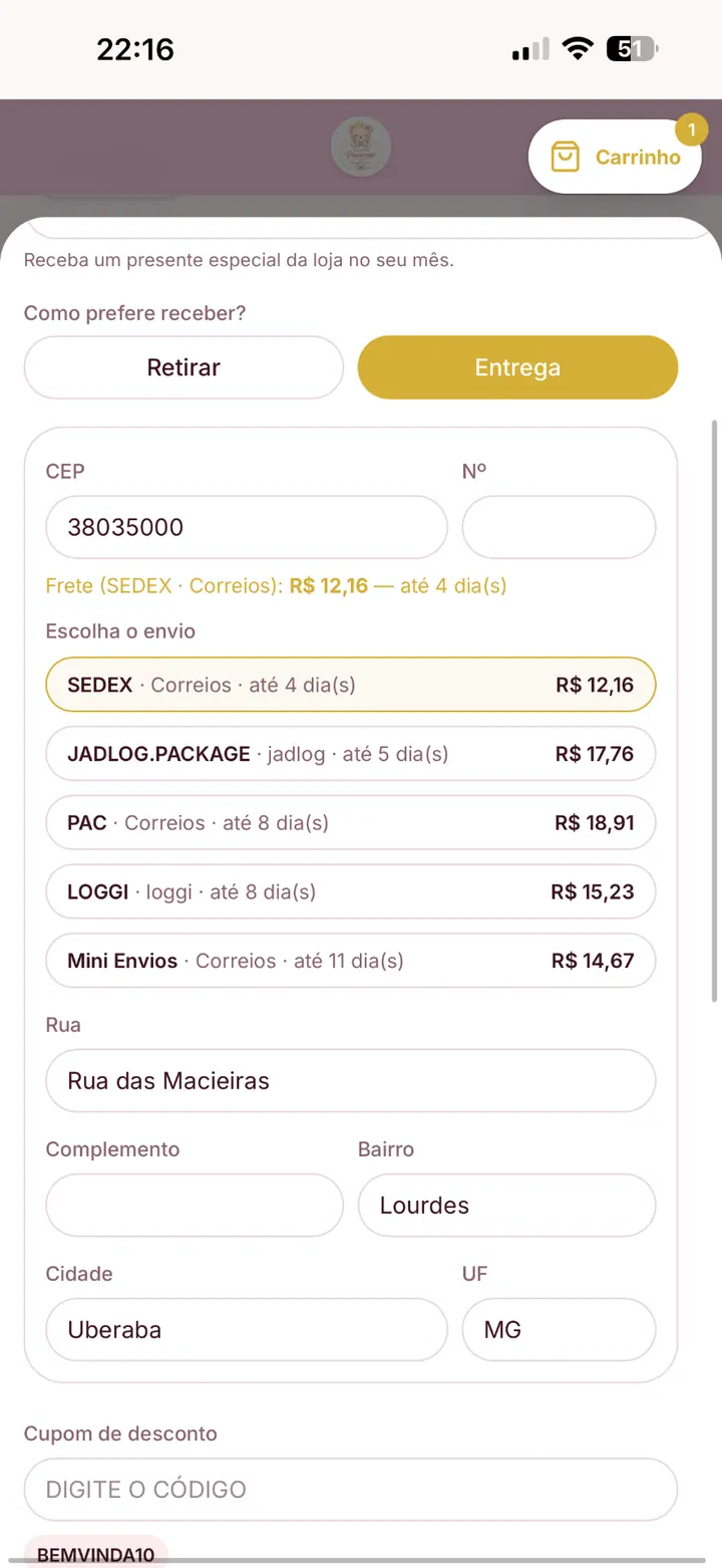 Print real: Frete calculado automaticamente