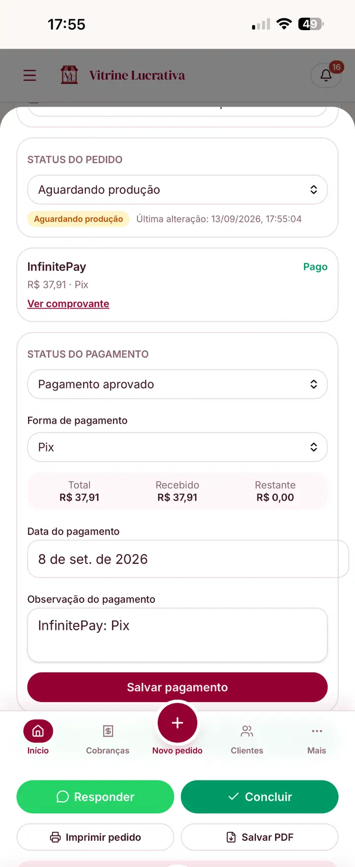 Desconto Pix, frete e total já calculados — continuação